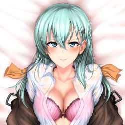 Rule 34 | 10s, 1girl, blush, bra, breasts, brown jacket, cleavage, collarbone, from above, green eyes, green hair, hair between eyes, hair ornament, hairclip, jacket, kantai collection, long hair, looking at viewer, looking up, matching hair/eyes, medium breasts, off shoulder, open clothes, open jacket, open shirt, parted lips, pink bra, see-through, shirt, smug, solo, suzuya (kancolle), sweat, teeth, ulrich (tagaragakuin), unbuttoned, unbuttoned shirt, underwear, upper body, wet, wet clothes, wet shirt