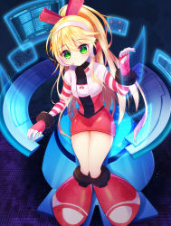 Rule 34 | 1girl, blonde hair, blush, call (mighty no. 9), call f, closed mouth, fingerless gloves, gloves, green eyes, hairband, headset, holographic monitor, holographic touchscreen, jacket, knees together feet apart, legs together, long hair, long sleeves, looking at viewer, mighty no. 9, open clothes, open jacket, pink gloves, ponytail, red skirt, sitting, skirt, smile, solo, standing, striped, striped sleeves, technology, z.o.b