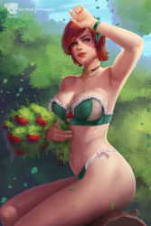 Rule 34 | 1girl, arm up, armpits, artist logo, artist name, bare shoulders, bra, breasts, cleavage, closed mouth, commentary, day, flower, freckles, green bra, green eyes, green panties, green ribbon, highres, holding, holding flower, large breasts, lingerie, lips, looking at viewer, medium breasts, navel, orange hair, outdoors, panties, prywinko, ribbon, shading eyes, shani (the witcher), short hair, sitting, solo, the witcher (series), the witcher 3, tree, underwear, wind