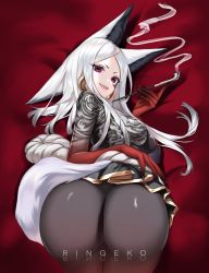 Rule 34 | 1girl, absurdres, animal ears, artist name, ass, black legwear, black nails, breasts, commentary, cowboy shot, dyarikku (vtuber), from behind, highres, holding, long hair, looking at viewer, looking back, medium breasts, nail polish, open mouth, original, red eyes, ringeko-chan, shadow, sideboob, smoke, smoking pipe, solo, symbol-only commentary, teeth, thighs, upper teeth only, virtual youtuber, white hair