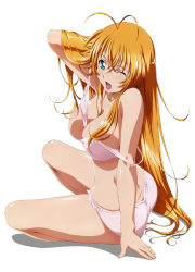 Rule 34 | 00s, 1girl, absurdres, ahoge, antenna hair, arm support, ass, bare legs, bare shoulders, blonde hair, bra, bra pull, breasts, clothes pull, convenient censoring, fang, female focus, green eyes, highres, ikkitousen, large breasts, long hair, looking at viewer, messy hair, official art, one eye closed, open mouth, panties, pink panties, scan, simple background, sitting, solo, sonsaku hakufu, underwear, underwear only, white background