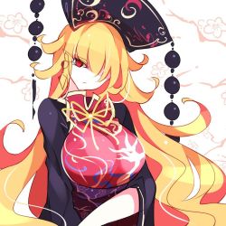 Rule 34 | 1girl, black dress, blonde hair, breasts, commentary request, dress, earrings, hair over one eye, head tilt, headdress, jewelry, junko (touhou), large breasts, long hair, long sleeves, looking at viewer, neck ribbon, no nose, pointy ears, purple sash, raptor7, red eyes, ribbon, sash, solo, tabard, tassel, touhou, upper body, very long hair, white background, yellow ribbon