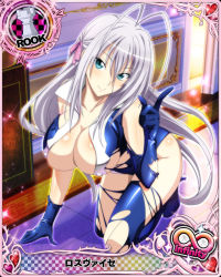 Rule 34 | 10s, 1girl, antenna hair, arm support, blue eyes, blue gloves, blue thighhighs, breasts, card (medium), character name, chess piece, cleavage, covered erect nipples, elbow gloves, gloves, hair between eyes, hair ribbon, high school dxd, high school dxd infinity, large breasts, long hair, official art, ribbon, rook (chess), rossweisse, sideboob, silver hair, smile, solo, thighhighs, torn clothes, trading card, very long hair