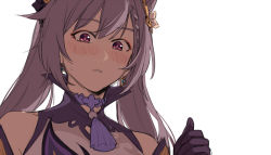 Rule 34 | 1girl, bare shoulders, blush, earrings, genshin impact, gloves, jewelry, keqing (genshin impact), long hair, maiqo, purple eyes, purple gloves, purple hair, simple background, solo, twintails, white background