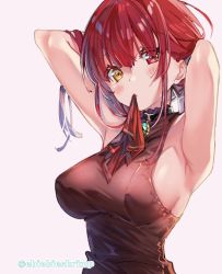 Rule 34 | 1girl, armpits, arms up, bare shoulders, blush, breasts, hair ribbon, heterochromia, hololive, houshou marine, large breasts, long hair, looking at viewer, mouth hold, open mouth, red eyes, red hair, ribbon, shuri (84k), solo, virtual youtuber, yellow eyes