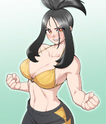 Rule 34 | 1girl, bare arms, bikini, bikini top only, black hair, black pants, blush, breasts, brown eyes, cleavage, clenched hands, collarbone, commentary request, creatures (company), cross scar, dendra (pokemon), game freak, green background, highres, large breasts, looking at viewer, nintendo, nutkingcall, o-ring, o-ring bikini, pants, pokemon, pokemon sv, scar, scar on face, scar on forehead, smile, solo, swimsuit, yellow bikini
