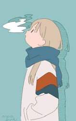 Rule 34 | 1girl, :o, aqua background, artist name, bad id, bad tumblr id, blonde hair, blue scarf, breath, enpera, expressionless, flat color, from side, hands in pockets, long hair, long sleeves, looking away, looking up, multicolored clothes, niwabuki, open mouth, original, profile, scarf, shadow, signature, simple background, solo, tareme, upper body, winter clothes