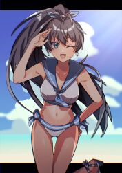 Rule 34 | 1girl, antenna hair, bare shoulders, beach, bikini, black hair, blue eyes, blue neckerchief, blue sailor collar, blue sky, blurry, blurry background, blush, bow, breasts, cleavage, cloud, collarbone, cowboy shot, day, dot nose, earrings, fang, ganaha hibiki, hair bow, hair ribbon, hand on own hip, hand up, highres, hoop earrings, horizon, idolmaster, idolmaster (classic), idolmaster million live!, idolmaster million live! theater days, jewelry, komugi (cmg ak), leg up, letterboxed, long hair, looking at viewer, medium breasts, navel, neckerchief, ocean, one eye closed, open mouth, outdoors, ponytail, ribbon, sailor bikini, sailor collar, sailor swimsuit (idolmaster), salute, sandals, side-tie bikini bottom, sky, smile, solo, standing, strappy heels, sunlight, swimsuit, two-tone ribbon, white bikini