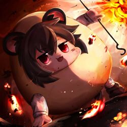 Rule 34 | 1girl, :3, absurdres, animal ear fluff, animal ears, black footwear, commentary, cookie (touhou), dowsing rod, egg costume, embers, explosion, eye trail, fang, fire, full body, grey hair, hair between eyes, highres, holding, light trail, looking at viewer, medium bangs, mouse ears, mouse girl, mouse tail, nazrin, nyon (cookie), open mouth, red eyes, running, shoes, short hair, socks, solo, stuffing scone, symbol-only commentary, tail, touhou, v-shaped eyebrows, white socks
