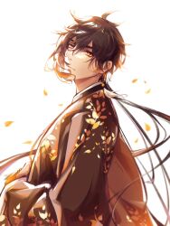 Rule 34 | 1boy, alternate costume, antenna hair, brown hair, chenzcy, chinese clothes, earrings, eyeliner, falling leaves, genshin impact, gradient hair, highres, jewelry, leaf, looking at viewer, male focus, multicolored hair, red eyeliner, single earring, white background, zhongli (genshin impact)