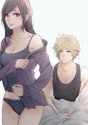 Rule 34 | 1boy, 1girl, :d, alternate costume, bare shoulders, black hair, black panties, black tank top, blonde hair, blue eyes, blush, breasts, brown hair, cleavage, cloud strife, collarbone, commentary, dressing, final fantasy, final fantasy vii, grey background, grey jacket, hair between eyes, highres, jacket, large breasts, long hair, long sleeves, looking at another, looking at viewer, maiii (smaii i), medium breasts, messy hair, no pants, off shoulder, open clothes, open jacket, open mouth, panties, red eyes, shirt, short hair, sitting, smile, sweater, symbol-only commentary, tank top, tifa lockhart, underwear