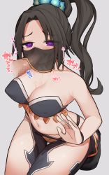 Rule 34 | 1girl, akaiha (akaihasugk), black hair, black skirt, breasts, censored, commentary request, commission, covered erect nipples, cowboy shot, cum, cum in mouth, dancer, disembodied penis, earrings, eternal wheel, fellatio, fellatio under mask, grey background, heart, heart-shaped pupils, highres, hoop earrings, jewelry, large breasts, long hair, looking at viewer, mosaic censoring, mouth veil, navel, open mouth, oral, penis, ponytail, purple eyes, simple background, skeb commission, skirt, sound effects, symbol-shaped pupils, veil, west (eternal wheel)