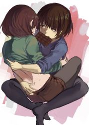 Rule 34 | 2others, androgynous, back, black legwear, brown hair, chara (undertale), chocolate, frisk (undertale), multiple others, pantyhose, shirt, shorts, shousan (hno3syo), sitting, source request, undertale