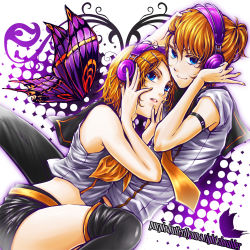 Rule 34 | 1boy, 1girl, bad id, bad pixiv id, blonde hair, blue eyes, brother and sister, butterfly wings, chry, chry (112ch), hair ornament, hairclip, headphones, insect wings, kagamine len, kagamine rin, migikata no chou (vocaloid), multicolored wings, necktie, short hair, shorts, siblings, smile, thighhighs, twins, vocaloid, wings