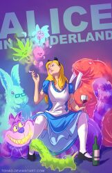 Rule 34 | 1girl, alice (alice in wonderland), artist request, blonde hair, blue dress, caterpillar (alice in wonderland), cheshire cat (alice in wonderland), dress, drugged, hallucination, highres, psychedelic, tagme, thighhighs, thighs, walrus (alice in wonderland), white rabbit (alice in wonderland)