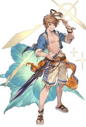 Rule 34 | 1boy, bare pectorals, belt, bracelet, brown hair, diffraction spikes, flower, full body, gran (granblue fantasy), gran (summer) (granblue fantasy), granblue fantasy, grin, hibiscus, jacket, jewelry, looking at viewer, male focus, male swimwear, minaba hideo, official art, open clothes, open jacket, pectorals, removing hat, sandals, sash, smile, solo, sparkle, swim trunks, swimsuit, sword, transparent background, visor cap, weapon, white male swimwear, white swim trunks