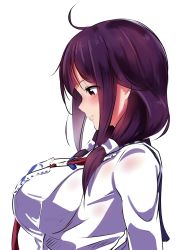 Rule 34 | 10s, 1girl, ahoge, apron, bad id, bad pixiv id, between breasts, blush, breasts, eyes visible through hair, from side, highres, kantai collection, large breasts, long hair, looking at breasts, necktie, necktie between breasts, purple hair, red eyes, shirt, simple background, solo, taigei (kancolle), tatusinomu, twintails, whale, white background, white shirt