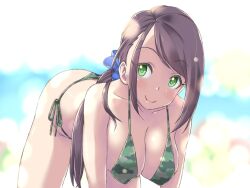 Rule 34 | 1girl, ass, bare shoulders, bikini, blue scrunchie, blurry, blurry background, blush, breasts, brown hair, camouflage, camouflage bikini, cleavage, closed mouth, collarbone, commentary request, covered erect nipples, green eyes, hair ornament, hair scrunchie, highres, idolmaster, idolmaster cinderella girls, idolmaster cinderella girls starlight stage, large breasts, leaning forward, long hair, looking at viewer, motogashi, ponytail, scrunchie, side-tie bikini bottom, smile, solo, swimsuit, yamato aki