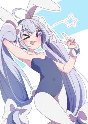 Rule 34 | &gt; o, 1girl, ;3, ;p, ahoge, animal ears, arm behind head, arm up, assault lily, black hairband, black leotard, blue background, blush, bow, closed mouth, commentary request, covered navel, cowboy shot, fake animal ears, fake tail, flat chest, grey hair, hair bow, hairband, hand up, honkawa works, leotard, long hair, looking at viewer, miriam hildegard von gropius, one eye closed, pantyhose, playboy bunny, purple eyes, rabbit ears, rabbit tail, smile, solo, standing, star (symbol), strapless, strapless leotard, tail, tongue, tongue out, twintails, two-tone background, v, very long hair, white background, white bow, white pantyhose, wrist cuffs