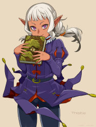 Rule 34 | 1boy, androgynous, belt, black pantyhose, blunt bangs, book, braid, braided ponytail, character name, closed mouth, coin (ornament), dark-skinned male, dark skin, dungeon meshi, elf, floating clothes, floating hair, grey background, grimoire, hands up, highres, holding, holding book, jester, juliet sleeves, long sleeves, male focus, maruto!, neck ruff, pantyhose, pointy ears, puff and slash sleeves, puffy sleeves, purple eyes, purple tunic, sidelocks, simple background, single braid, smile, solo, thistle (dungeon meshi), white hair