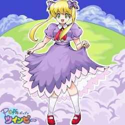 Rule 34 | 1girl, blonde hair, blue sky, bow, cloud, copyright name, day, dress, full body, green eyes, hair bow, hill, long hair, madoka (twinbee), mary janes, outdoors, puffy short sleeves, puffy sleeves, purple bow, purple dress, red footwear, rf (aruehu), shoes, short sleeves, skirt hold, sky, socks, solo, standing, twinbee, twintails, white socks