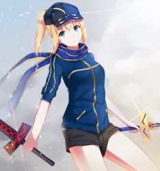 Rule 34 | 1girl, aqua eyes, artoria pendragon (fate), black shorts, blonde hair, blue scarf, dual wielding, excalibur (fate/stay night), fate/grand order, fate (series), hat, highres, holding, holding sword, holding weapon, long hair, mysterious heroine x (fate), ponytail, rojiura satsuki : chapter heroine sanctuary, saber (fate), scarf, shorts, solo, sword, unscpro, weapon