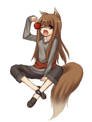 Rule 34 | 00s, 1girl, animal ears, apple, fang, food, fruit, holding, holding food, holding fruit, holo, no socks, one eye closed, solo, somejima, spice and wolf, tail, wink, wolf ears, wolf tail