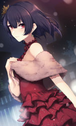 Rule 34 | 1girl, bare shoulders, black hair, blush, breasts, city, closed mouth, dress, earrings, frilled dress, frills, fur trim, hair ornament, hand on own chest, idolmaster, idolmaster shiny colors, jewelry, looking at viewer, morino rinze, night, night sky, otsumami (otsu-mugi), outdoors, red dress, red eyes, sky, solo, straight hair