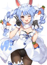 Rule 34 | 1girl, animal ear fluff, animal ears, black gloves, black pantyhose, blue hair, blush, bow, braid, breasts, bridal garter, carrot, cleavage, gloves, hair bow, highres, hololive, long hair, one eye closed, open mouth, pantyhose, parsley-f, rabbit ears, red eyes, small breasts, smile, solo, thick eyebrows, twin braids, usada pekora, v, virtual youtuber, white bow