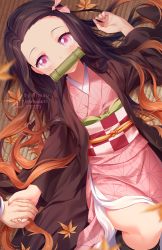 Rule 34 | 1girl, artist name, autumn leaves, bamboo, bit gag, black hair, blurry, blurry foreground, brown hair, checkered sash, commentary, depth of field, english commentary, fingernails, forehead, gag, gradient hair, hair ribbon, hand up, holding hands, japanese clothes, kamado nezuko, kimetsu no yaiba, kimono, leaf, long hair, long sleeves, looking at viewer, lying, maple leaf, mouth hold, multicolored hair, obi, on back, on floor, open clothes, parted bangs, pink eyes, pink kimono, pink ribbon, pixiv username, ribbon, rimuu, sash, sharp fingernails, solo focus, twitter username, very long hair, wide sleeves