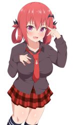 Rule 34 | 1girl, bat hair ornament, black shirt, blush, breasts, commentary request, fang, gabriel dropout, hair ornament, hair rings, highres, large breasts, long sleeves, looking at viewer, necktie, nyaroon, open mouth, pink eyes, plaid, plaid skirt, red hair, red necktie, red skirt, satanichia kurumizawa mcdowell, shirt, short hair, simple background, skirt, smile, solo, white background