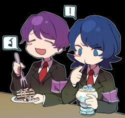 Rule 34 | !, 1boy, 1girl, armband, black jacket, blue eyes, blue hair, blush stickers, cake, cake slice, chinese commentary, collared shirt, commentary request, eating, employee (project moon), food, fork, formal, highres, holding, holding fork, holding plate, jacket, lobotomy corporation, long sleeves, musical note, necktie, no nose, no sclera, outline, plate, project moon, purple armband, purple hair, red necktie, shirt, short hair, spoken exclamation mark, spoken musical note, suit, tesna, white outline, white shirt