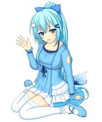 Rule 34 | 1girl, :d, bad id, bad pixiv id, blue bow, blue dress, blue eyes, blue footwear, blue hair, blush, bow, dress, flower knight girl, frills, hair bow, hair ornament, hand up, long hair, long sleeves, looking at viewer, lowres, mun (gunma), nerine (flower knight girl), open mouth, ponytail, shell hair ornament, sitting, smile, solo, thighhighs, very long hair, wariza, white thighhighs