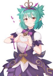 Rule 34 | 1girl, absurdres, blush, commission, commissioner upload, dress, green hair, harpy, heart, heart hands, highres, hzhc, indie virtual youtuber, lincoro, looking at viewer, medium hair, monster girl, non-web source, pointy ears, purple dress, red eyes, smile, solo, two side up, virtual youtuber, white background
