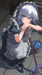 Rule 34 | 1girl, apron, black footwear, blue eyes, braid, bucket, closed mouth, commentary request, dress, full body, grey dress, grey hair, highres, holding, holding mop, indoors, izayoi sakuya, lab2linch, long hair, looking at viewer, maid apron, maid headdress, mop, own hands together, puffy short sleeves, puffy sleeves, railing, shoes, short sleeves, solo, stairs, touhou, twin braids, water