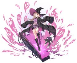 Rule 34 | 1girl, alpha transparency, belt boots, blonde hair, boots, cat, chain, coffin, counter:side, hat, highres, laura beatrix, long hair, looking at viewer, navel, official art, pluto (counter:side), skirt, sleeves past fingers, sleeves past wrists, torn clothes, transparent background, witch hat, yellow eyes