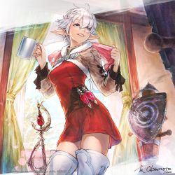 Rule 34 | 1girl, alisaie leveilleur, blue eyes, boots, copyright notice, cropped jacket, cup, dress, earrings, elezen, elf, final fantasy, final fantasy xiv, fur trim, hair between eyes, jewelry, long hair, looking at viewer, mug, official art, pointy ears, rapier, red dress, smile, solo, standing, sweat, sword, target, thigh boots, thighhighs, towel, weapon, white hair, white thighhighs