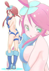 Rule 34 | 1girl, ass, bare back, boots, breasts, butt crack, chorimokki, creatures (company), from behind, full body, game freak, gloves, green eyes, gym leader, large breasts, looking back, nintendo, pokemon, red hair, sideboob, skyla (pokemon), solo, thigh strap, zoom layer