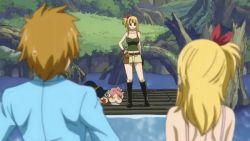 Rule 34 | animated, animated gif, blonde hair, bouncing breasts, breasts, clothes lift, embarrassed, exhibitionism, fairy tail, flashing, huge breasts, large breasts, lucy heartfilia, nipples, no bra, nude filter, outdoors, public indecency, screencap, shirt lift, third-party edit, undressing