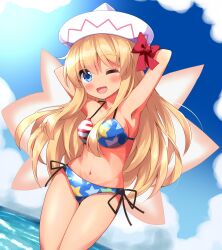 Rule 34 | 1girl, ;d, american flag bikini, american flag print, armpits, arms behind back, arms up, bikini, blonde hair, blue eyes, blush, bow, cloud, commentary request, flag print, highres, horizon, lily white, long hair, looking at viewer, navel, ocean, one eye closed, open mouth, outdoors, print bikini, red bow, ruu (tksymkw), smile, solo, swimsuit, tan, touhou, white headwear