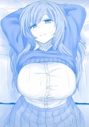 Rule 34 | 1girl, arms behind head, arms up, bed, blue theme, blush, breasts, closed mouth, clothes lift, collared shirt, female focus, hair between eyes, huge breasts, large breasts, long hair, looking at viewer, monochrome, nao (ritsancrossover), original, shirt, shirt tucked in, sitting, skirt, solo, sweater, sweater lift, upper body, white shirt