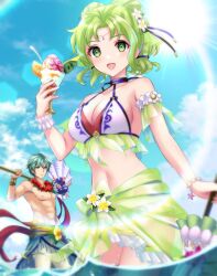 Rule 34 | 1boy, 1girl, abs, armband, axe, bikini, bracelet, breasts, circlet, cleavage, commentary, cup, ephraim (fire emblem), ephraim (summer) (fire emblem), fire emblem, fire emblem: the sacred stones, fire emblem heroes, flower, frilled armband, frilled bikini, frills, green eyes, green hair, green sarong, hair flower, hair ornament, hair tie, halterneck, highres, holding, holding axe, holding cup, holding umbrella, jewelry, kakiko210, l&#039;arachel (fire emblem), l&#039;arachel (summer) (fire emblem), looking at viewer, medium breasts, multicolored clothes, multicolored swimsuit, navel, nintendo, official alternate costume, parasol, parfait, partially submerged, sarong, smile, sun, swimsuit, umbrella, white bikini