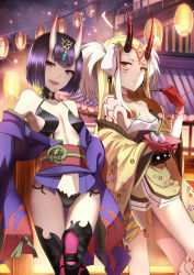 Rule 34 | 2girls, blonde hair, blunt bangs, bob cut, breasts, cleavage, cowboy shot, dango, eating, facial mark, fate/grand order, fate (series), food, highres, horns, ibaraki douji (fate), japanese clothes, kimono, long hair, looking at viewer, multiple girls, oni, open mouth, purple hair, revision, shigure s, short hair, shuten douji (fate), skin-covered horns, small breasts, smile, standing, tattoo, wagashi, yellow eyes