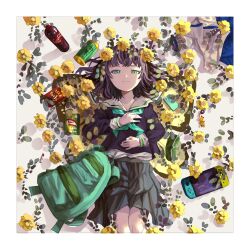 Rule 34 | 1girl, absurdres, bag, black hair, black shirt, border, butterfly wings, cellphone, closed mouth, coca-cola, commentary, feet out of frame, flower, food, from above, green eyes, green neckerchief, grey skirt, hair spread out, highres, insect wings, kagenoyuhi, long sleeves, looking at viewer, lying, medium hair, neckerchief, nintendo switch, on back, on ground, original, phone, pleated skirt, pocky, sailor collar, sailor shirt, school uniform, serafuku, shirt, skirt, smartphone, smile, soda bottle, solo, straight-on, unworn bag, white border, white sailor collar, wings, yellow flower, yellow wings