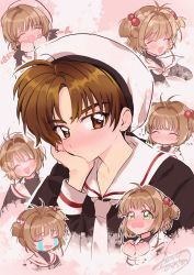 Rule 34 | 1boy, 1girl, :x, antenna hair, beret, blush, brown hair, cardcaptor sakura, clenched hands, closed eyes, closed mouth, commentary request, crying, flying sweatdrops, green eyes, hair bobbles, hair intakes, hair ornament, hat, head rest, highres, kinomoto sakura, li xiaolang, long sleeves, mikan (mikataaaa), multiple views, neckerchief, nose blush, open mouth, sailor collar, school uniform, serafuku, signature, simple background, tomoeda elementary school uniform, two side up, white headwear, white neckerchief, white sailor collar