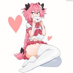 Rule 34 | 1boy, astolfo (fate), astolfo (sailor paladin) (fate), braid, braided ponytail, crossdressing, fate/apocrypha, fate (series), full body, heart, highres, letter, long hair, official alternate costume, pink hair, pink sailor collar, pink skirt, ponytail, purple eyes, sailor collar, school uniform, serafuku, shirt, short sleeves, single braid, sitting, skirt, sky guy art, solo, thick thighs, thighhighs, thighs, trap, very long hair, white background, white shirt, white thighhighs