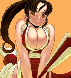 Rule 34 | 1girl, bad id, bad pixiv id, breasts, breasts squeezed together, brown eyes, brown hair, cleavage, fatal fury, folded fan, folding fan, hand fan, huge breasts, kouno (masao), large breasts, long hair, pelvic curtain, shiranui mai, snk, solo, the king of fighters