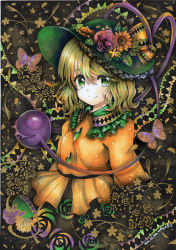 Rule 34 | 1girl, artist name, ballpoint pen (medium), black background, blonde hair, blouse, bug, butterfly, commentary request, dated, floral background, flower, green eyes, hat, hat flower, insect, komeiji koishi, long sleeves, looking at viewer, marker (medium), mosho, orange shirt, shirt, short hair, smile, solo, third eye, touhou, traditional media, upper body
