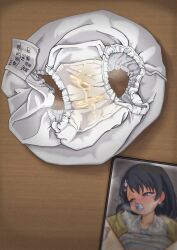 Rule 34 | black eyes, black hair, blue camisole, camisole, cardigan, cellphone, cellphone photo, clothes lift, collarbone, cum, cum on clothes, dress, dress lift, gag, gagged, hair ornament, hairclip, highres, idolmaster, idolmaster cinderella girls, improvised gag, kasago (wnfj2383), mouth hold, no humans, panties, panties in mouth, parted lips, pee stain, phone, rabbit hair ornament, sasaki chie, short hair, smartphone, stained panties, underwear, white dress, white panties, yellow cardigan