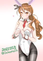 Rule 34 | 1girl, animal ears, between breasts, black pantyhose, breasts, brown eyes, brown hair, cleavage, cowboy shot, dated, detached collar, fake animal ears, gradient background, highres, kantai collection, leotard, littorio (kancolle), long hair, looking at viewer, medium breasts, necktie, nitamako (sakamalh), one-hour drawing challenge, pantyhose, playboy bunny, ponytail, rabbit ears, rabbit tail, red necktie, solo, tail, thighband pantyhose, twitter username, wavy hair, white leotard, wrist cuffs